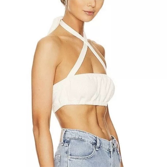 WeWoreWhat Cream Textured halter tie bra top - Picture 9 of 10